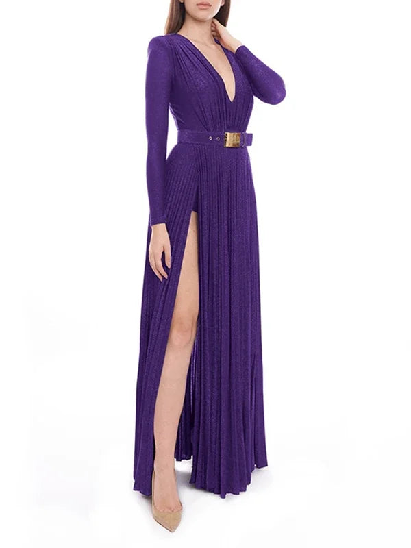 Tinaa Women Evening Dresses Belted Pleated Solid Color Split-side Long Sleeves Wrap V-neck Maxi Dresses for Ladies Party Dress