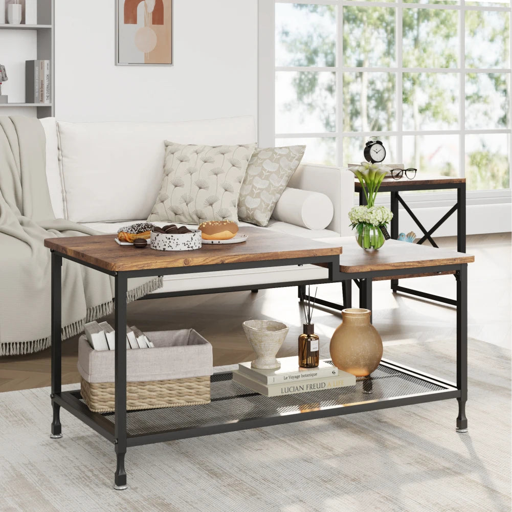 2-Tier Rustic Coffee Table Center Table with Mesh Shelf Rectangle Storage Cocktail Table Metal Frame for Living Room