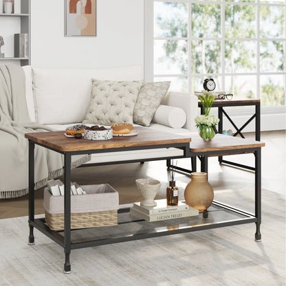 2-Tier Rustic Coffee Table Center Table with Mesh Shelf Rectangle Storage Cocktail Table Metal Frame for Living Room
