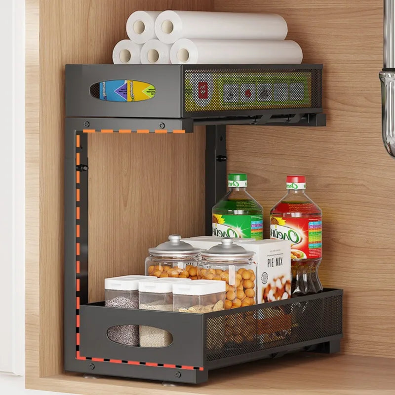 Under Sink Organizers and Storage, Adjustable 2 Tier Metal Pull out Cabinet Organizer for Bathroom, Kitchen, Pantry