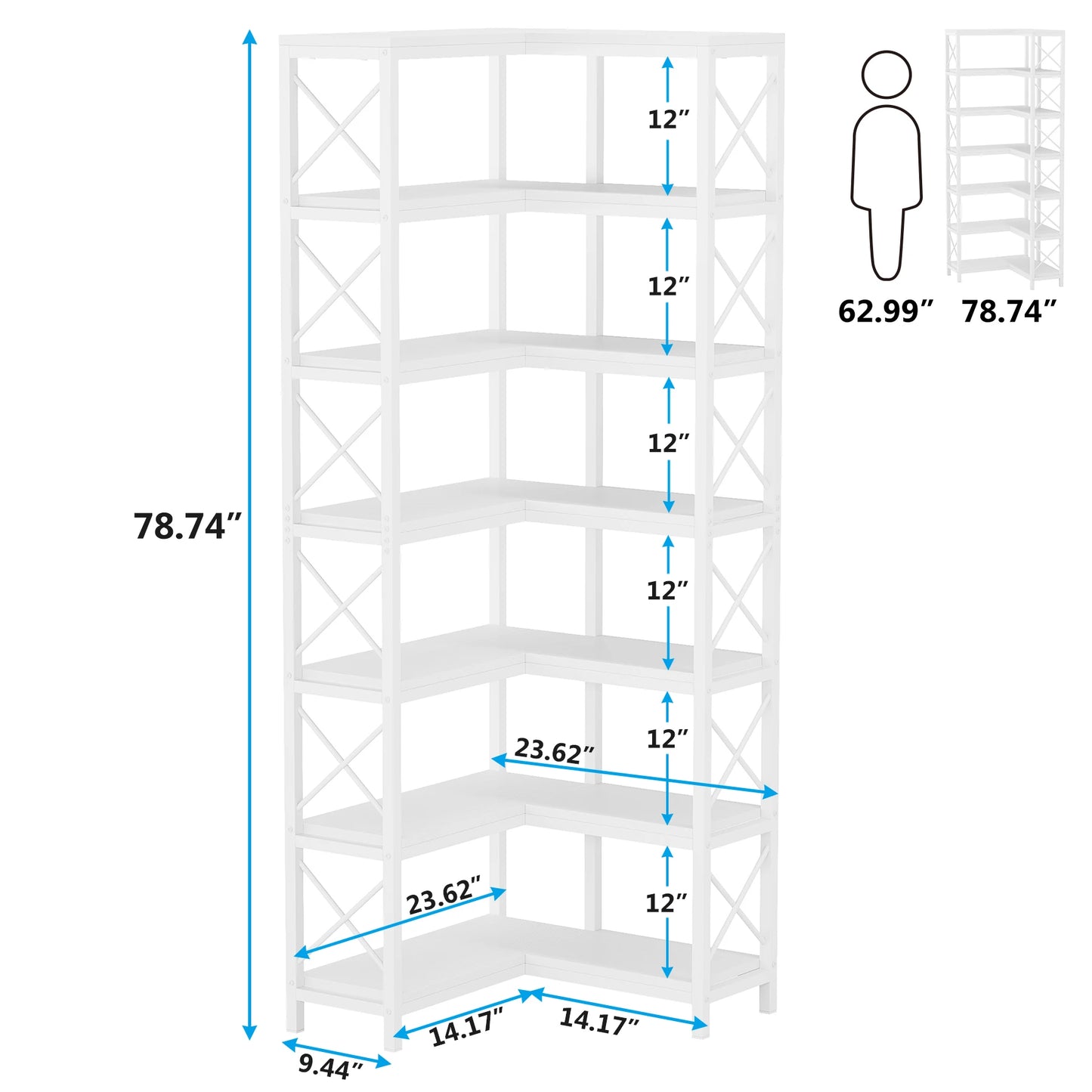 7-Shelf Corner Bookshelf,Large Modern Corner Bookcase, 7-Tier Tall Corner Shelf Storage Display Rack with Metal Frame