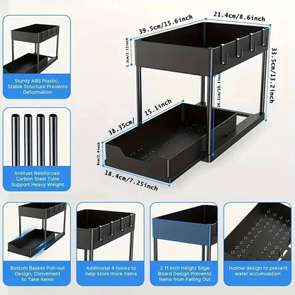Under Sink Organizer Sliding Cabinet Drawers Storage Kitchen 2 Tiers Racks Multi-Purpose Pull Out Cabinet Storage Shelf Holders