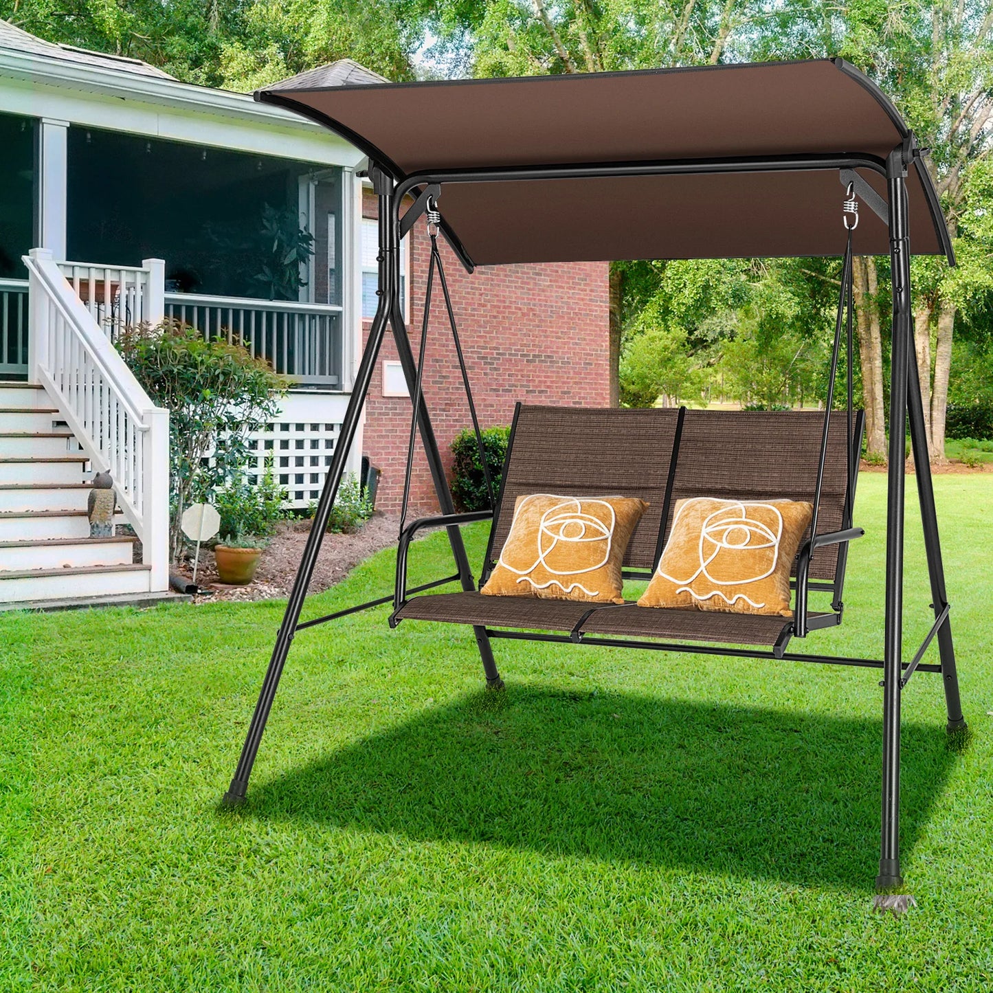 GOFLAME 2 Seat Outdoor Porch Swing, Swing Glider with Spring Hook, Soft Cushions, Foot Pad