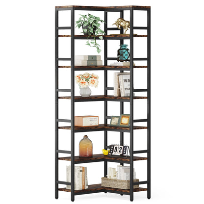 7-Shelf Corner Bookshelf,Large Modern Corner Bookcase, 7-Tier Tall Corner Shelf Storage Display Rack with Metal Frame