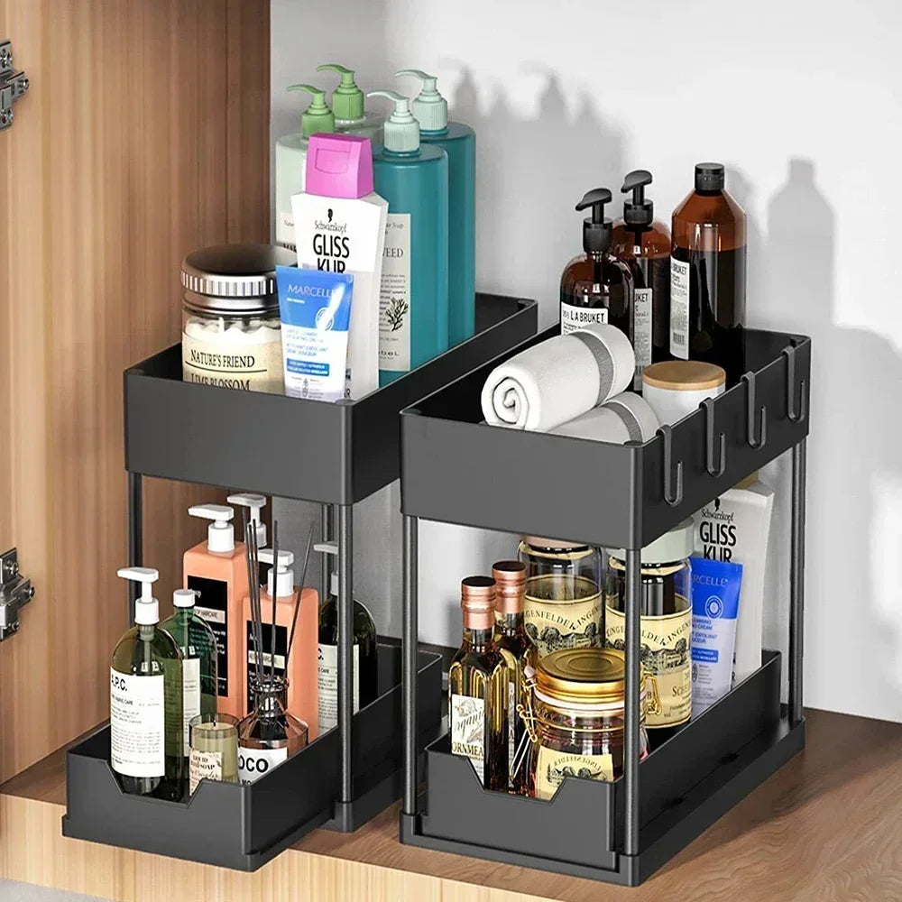 Under Sink Organizer Sliding Cabinet Drawers Storage Kitchen 2 Tiers Racks Multi-Purpose Pull Out Cabinet Storage Shelf Holders
