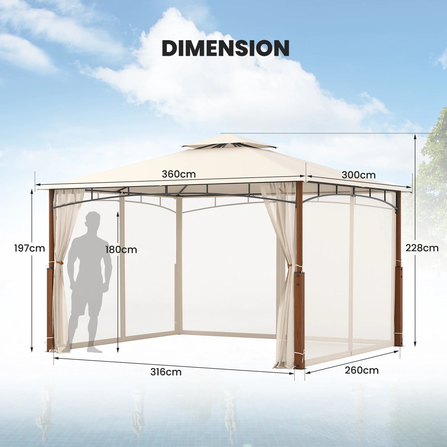 GOFLAME 360 CM x 300 CM Patio Gazebo, Heavy Duty Gazebos Shelter Party Tent w/ Sun &Waterproof Vented Top