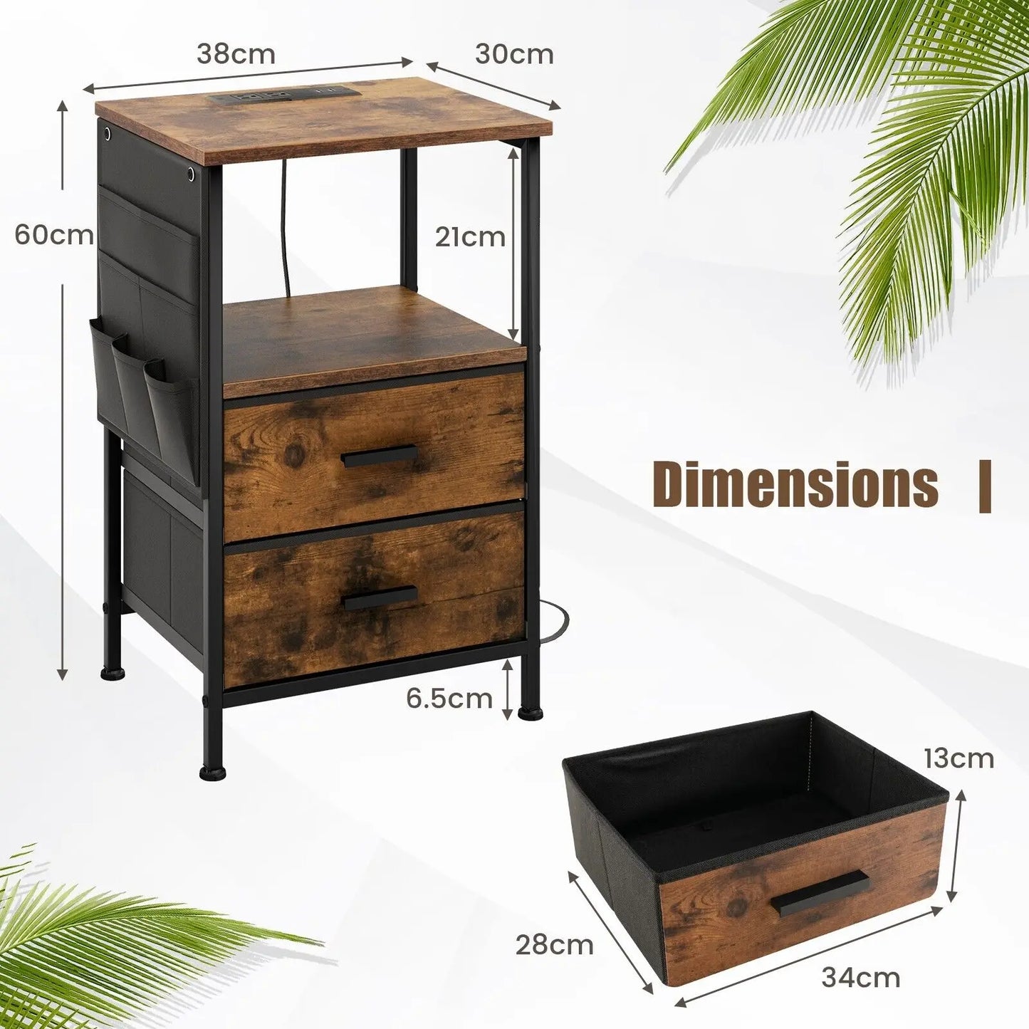 GOFLAME Set of 2 Nightstand with Charging Station Industrial Bedside Table W/ 2 Drawers