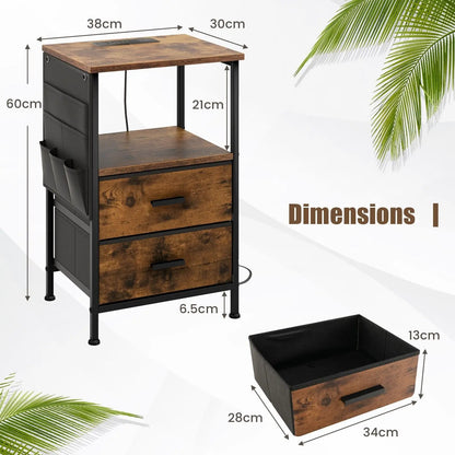 GOFLAME Set of 2 Nightstand with Charging Station Industrial Bedside Table W/ 2 Drawers