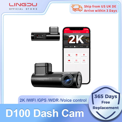 LINGDU D100 Dash Cam 2.5K 1440P Dash Camera for Cars WiFi Built in GPS Smart Voice Control 24H Parking Monitor WDR Night Vision
