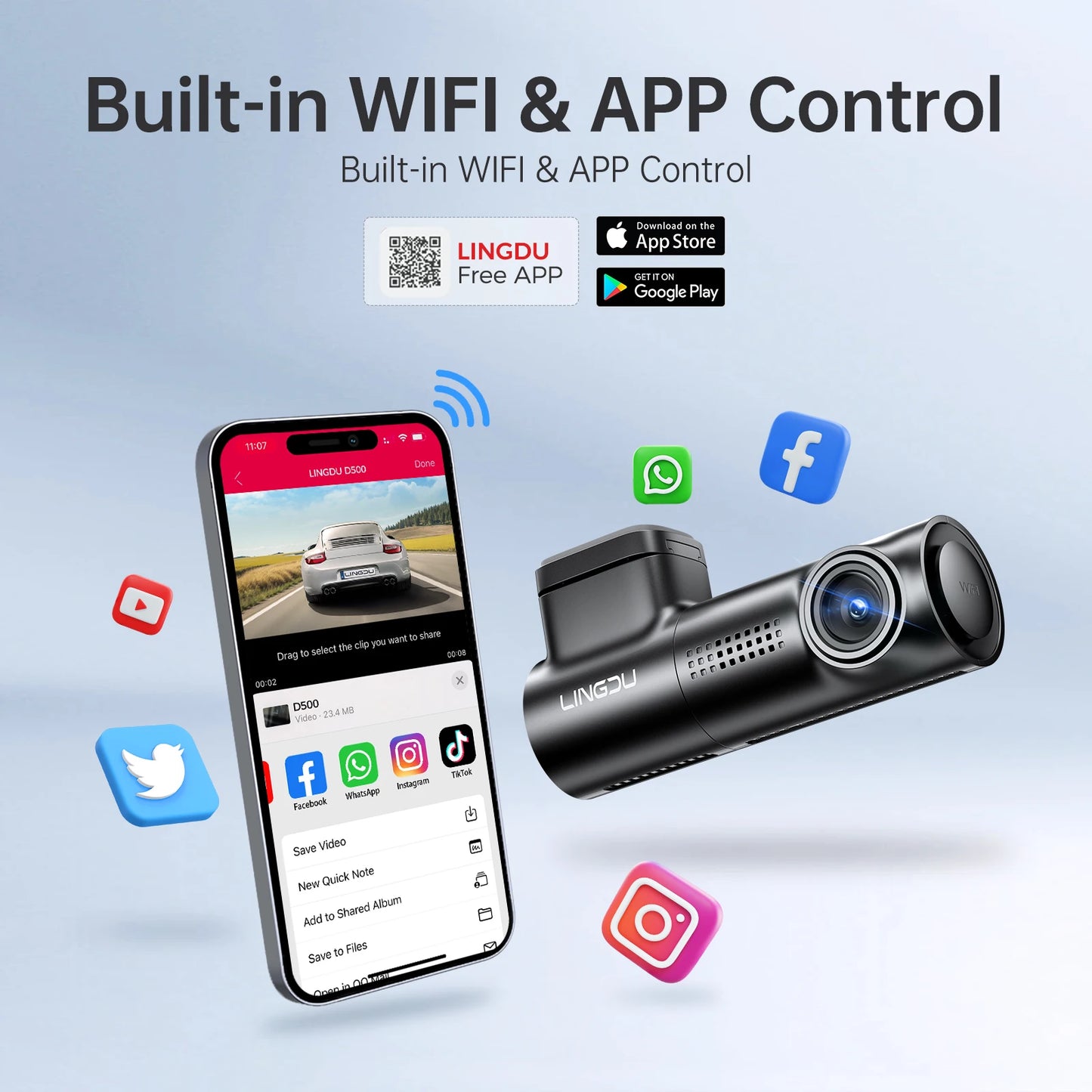 LINGDU D500 Dash Cam Ultra HD 4K Built-in 5GHz WI-FI GPS English Voice Control Dash Car Camera 24H Loop Recording D500 Car DVR