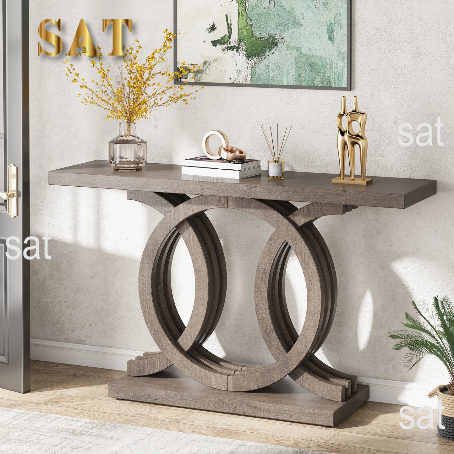 Entrance furniture modern antique rustic brown retro wood farmhouse entry hallway table console 140cm with Geometric Base