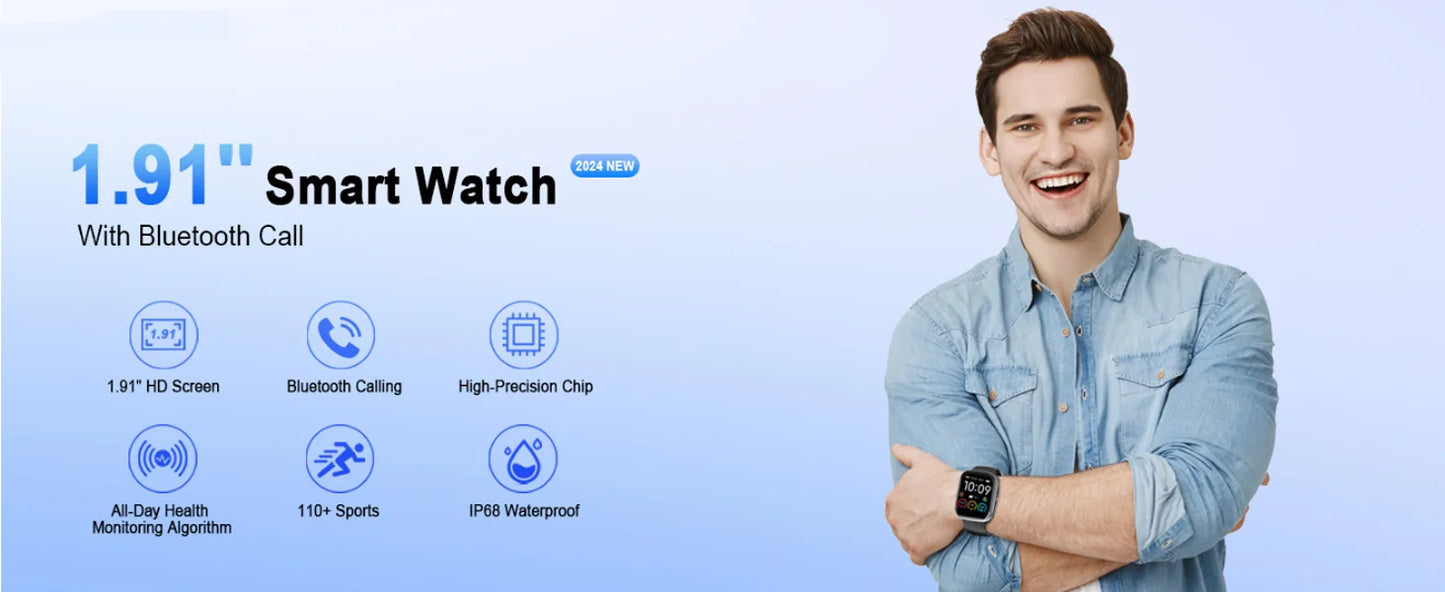 Smart Watch, 1.91" Smartwatch (Answer/Make Call), IP68 Waterproof Fitness Tracker, 110+ Sport Modes, Heart Rate and Sleep Monit