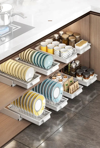 Pull Out Dish Rack Drawer Kitchen Sliding Dish Drainer Organizer Multi-Level Pull Out Storage Sink Cabinet
