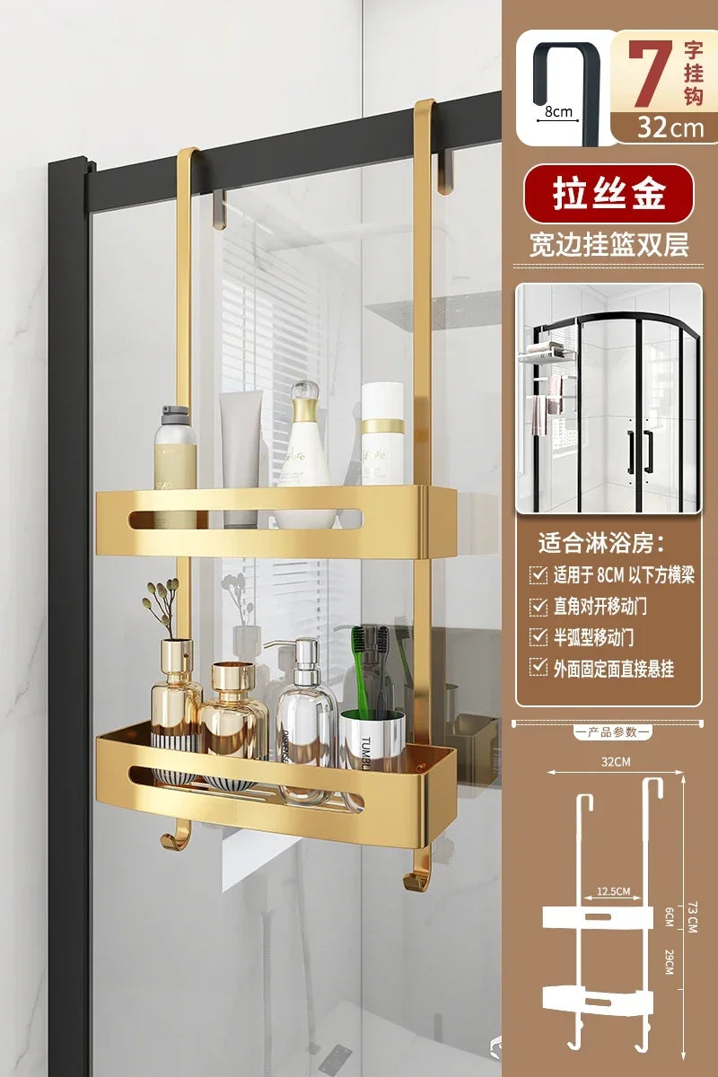 Pull Gold Shower Room Frame Large Capacity Bathroom Double Layer Hanging Basket Without Perforated Wall Hanging Receive Hook
