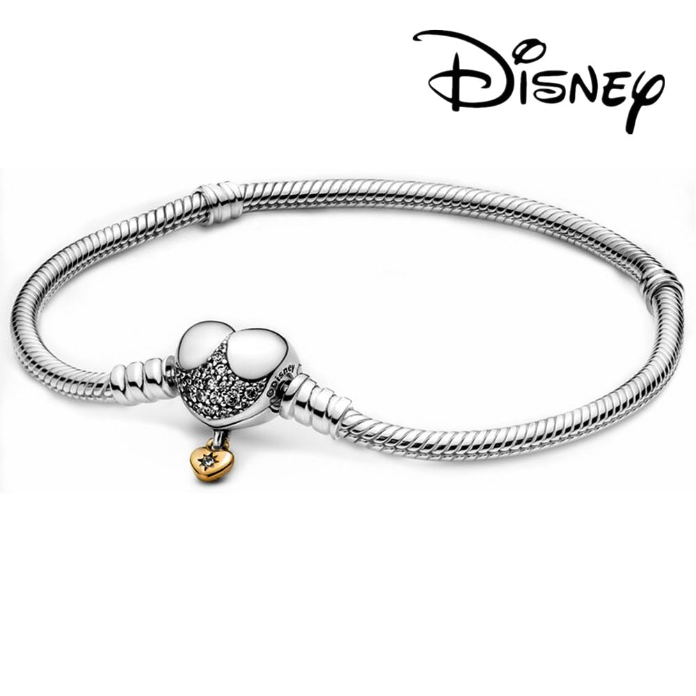 Disney 925 Sterling Silver Bracelet Moments Sparkling Mickey Mouse Heart Clasp Snake Chain Bracelet for Women DIY Charms Beads