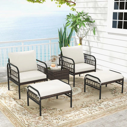 GOFLAME 5 Piece Patio Conversation Set Outdoor Wicker Chair Set w/ Ottomans