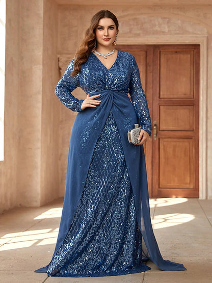 TOLEEN 2024 New Plus Size Twist Knot Long Sleeve Formal Evening Gown Women Luxury Elegant Sequin Plaid Party Prom Maxi Dresses