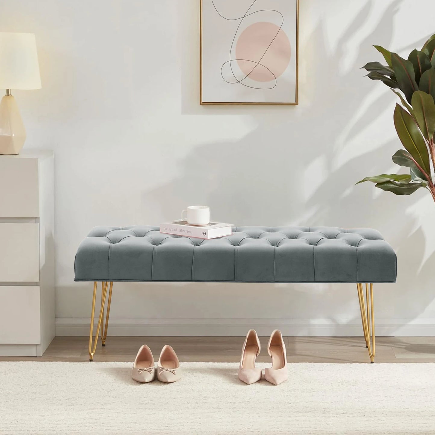 Velvet Buttoned Ottoman Footstool Gold Chrome Legs,Grey