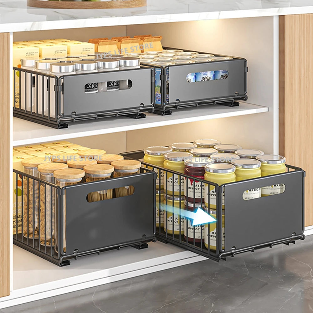 Pull Out Cabinet Organizer Shelf Kitchen Cabinet Cutlery Seasoning Bottle Spice Storage Rack Carbon Steel Slide Out Shelf