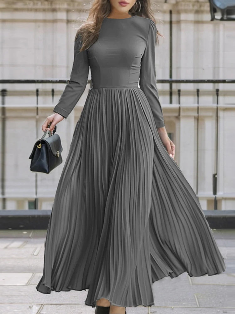 ZANZEA O Neck Plisse Maxi Dress Elegant High Waist Long Sleeve 2024 Fall Pleated Dress Women Commute Fashion A-line Vestidos