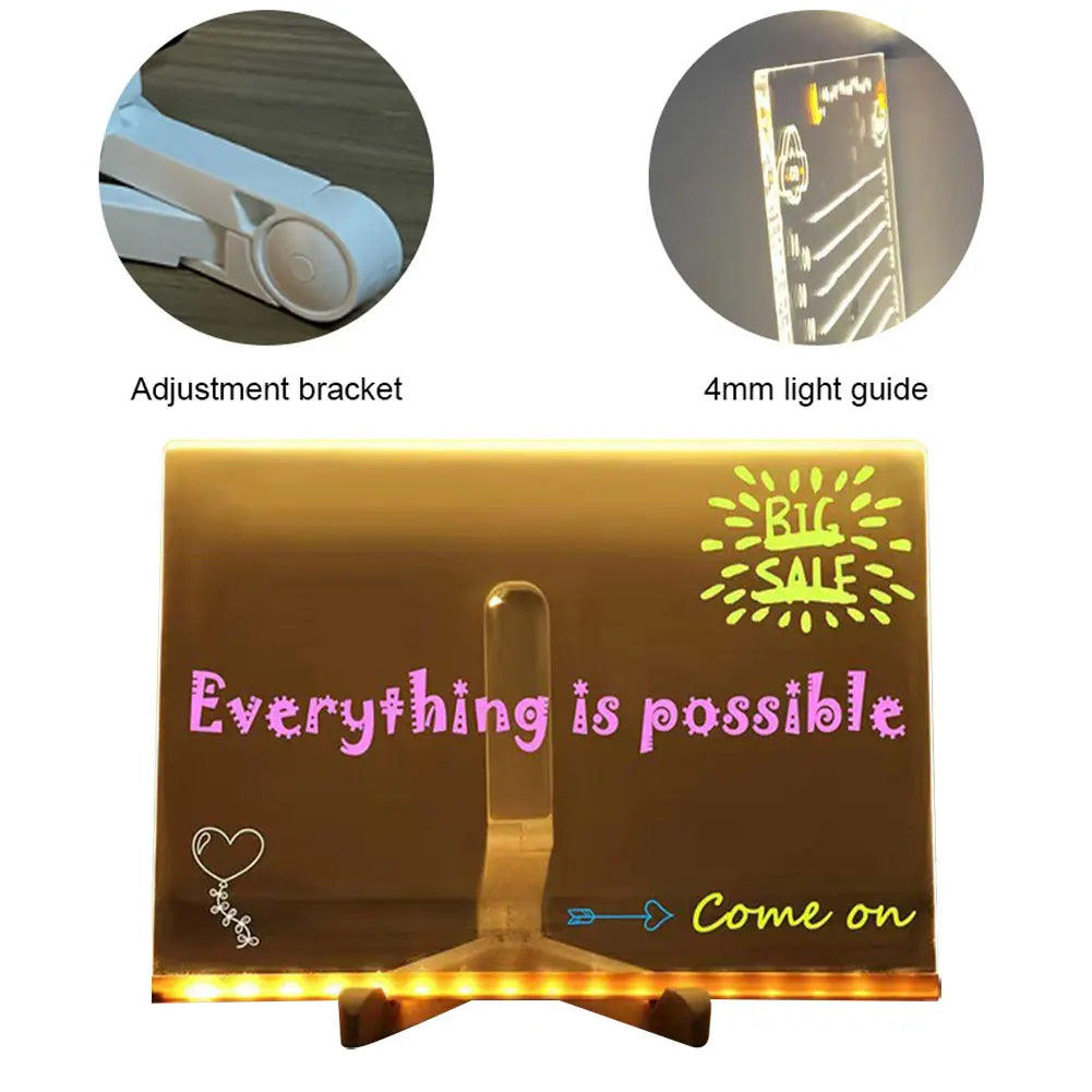 LED Note Board with 7 Colorful Pens Acrylic Dry Erase Board Erasable Neon Sign Clear Writing Board Home Light Up Message Board