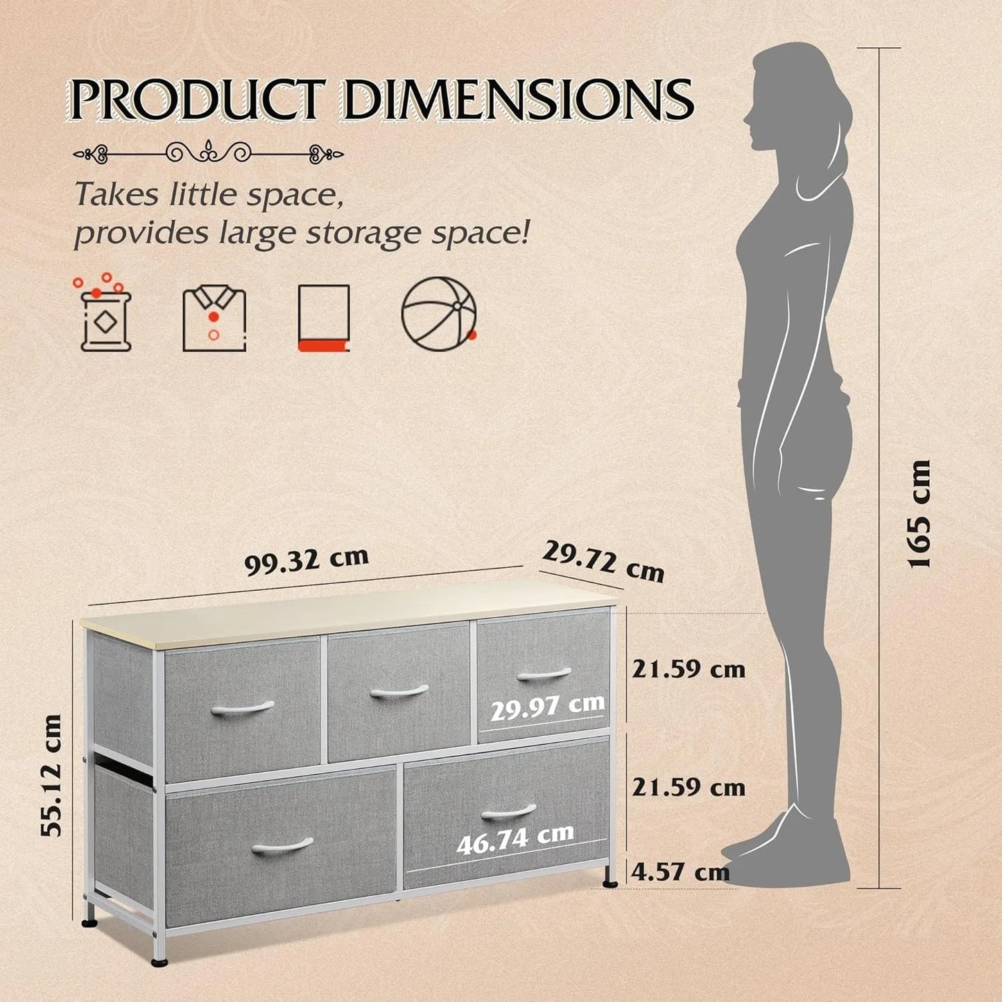Chest of Drawers,5 Fabric Drawers Cabinet with Easy Pull Handle,Wood Top and Sturdy Steel Frame for Bedroom,Living Room