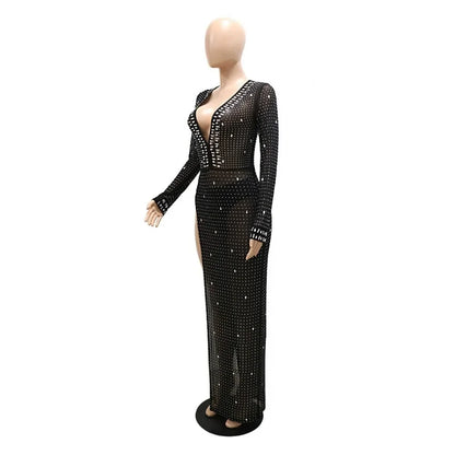 Diamonds Mesh High Split Long Sleeve Maxi Evening Party Dress