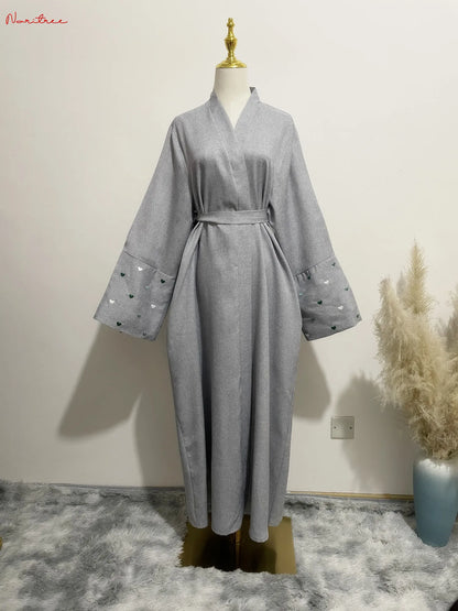 Love Embroidery Kimono With Belt Oversized Abaya