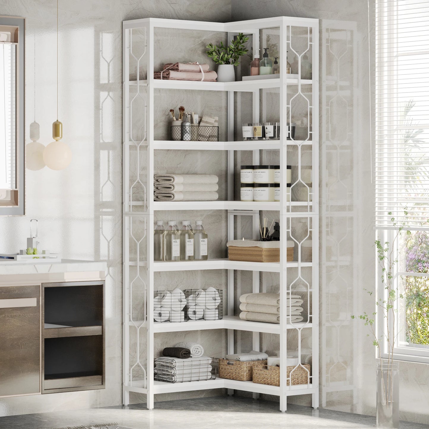 7-Shelf Corner Bookshelf,Large Modern Corner Bookcase, 7-Tier Tall Corner Shelf Storage Display Rack with Metal Frame