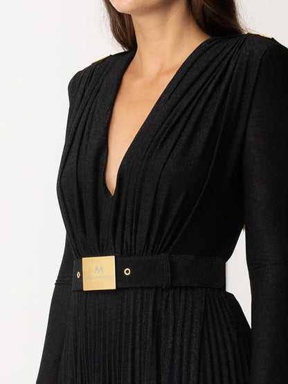 Tinaa Women Evening Dresses Belted Pleated Solid Color Split-side Long Sleeves Wrap V-neck Maxi Dresses for Ladies Party Dress