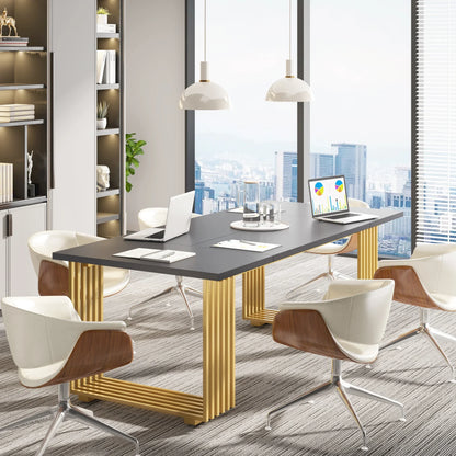70.9" Modern Executive Desk, Wood Office Desk, Grey Simple Computer Desk with Gold Metal Legs, Large Workstation Busi