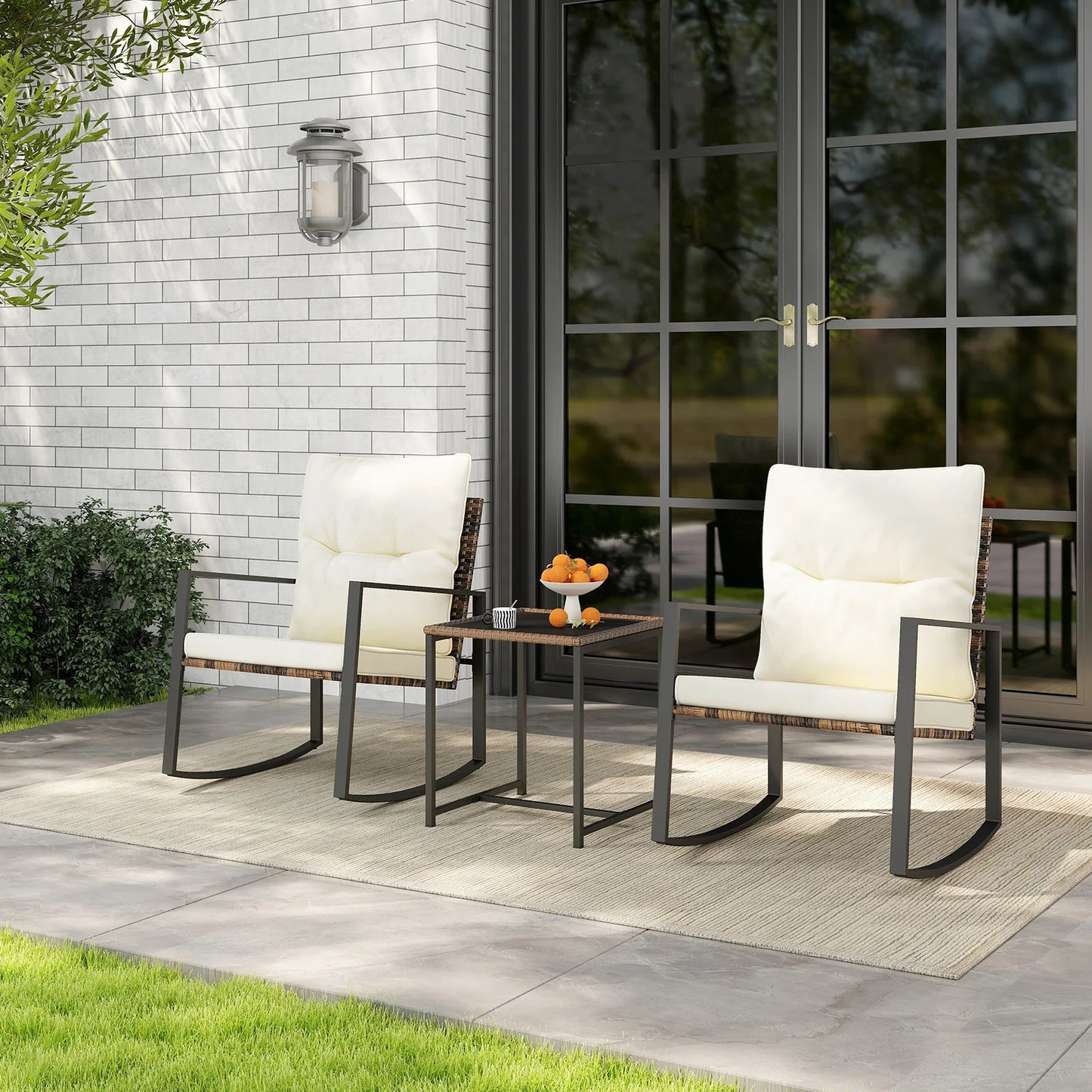 GOFLAME 3 Pieces Rocking Bistro Set, Metal Frame Wicker Rocker Chairs Set w/ Detachable Cushions