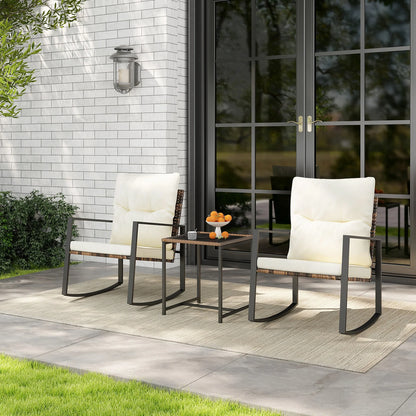 GOFLAME 3 Pieces Rocking Bistro Set, Metal Frame Wicker Rocker Chairs Set w/ Detachable Cushions