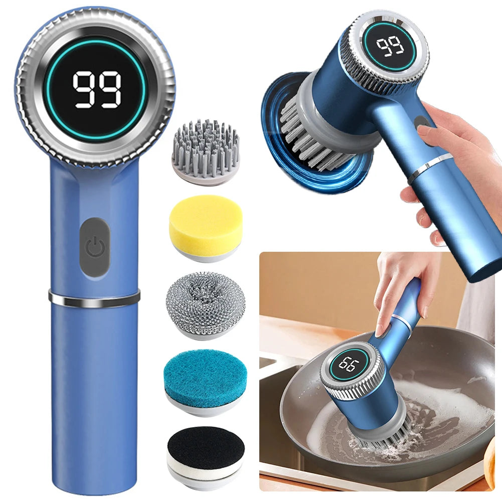 5 In 1 kitchen Cleaning Brush USB Charging Portable Electric Scrubber Tools with 5 Replaceable Brush Heads for Kitchen Bathroom