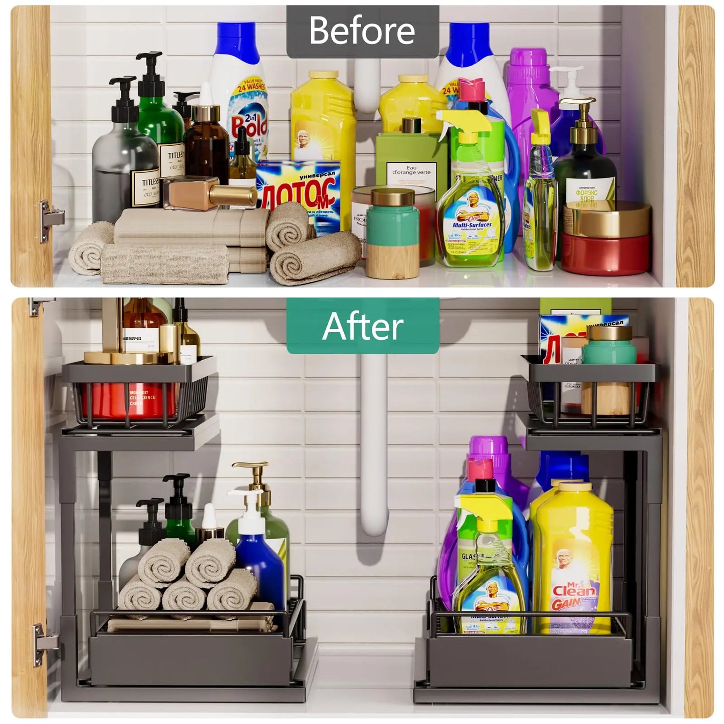 2 Tier Under Sink Organizer and Storage Basket,Slide Out Under Cabinet Organizer Shelf,Multi-Purpose Pull Out Drawer Cabinet