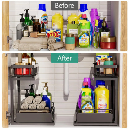 2 Tier Under Sink Organizer and Storage Basket,Slide Out Under Cabinet Organizer Shelf,Multi-Purpose Pull Out Drawer Cabinet