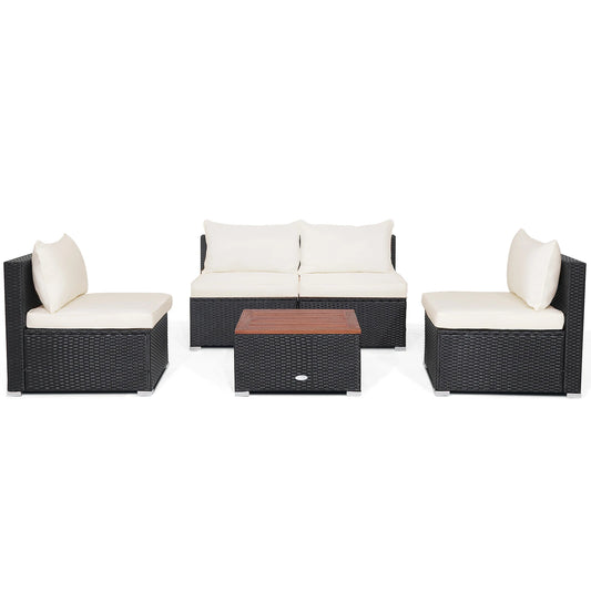 GOFLAME 5-Piece Outdoor Patio Furniture Set, Outdoor PE Wicker Conversation Set with Solid Acacia