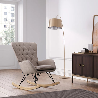 Grey Modern Upholstered Rocking Chair with Rubberwood Runner for Living Room Home Office