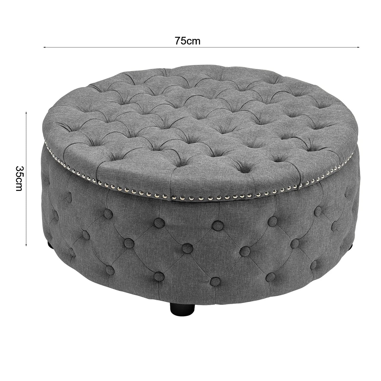 Round Linen Deep Buttoned Ottoman with Studded Edge