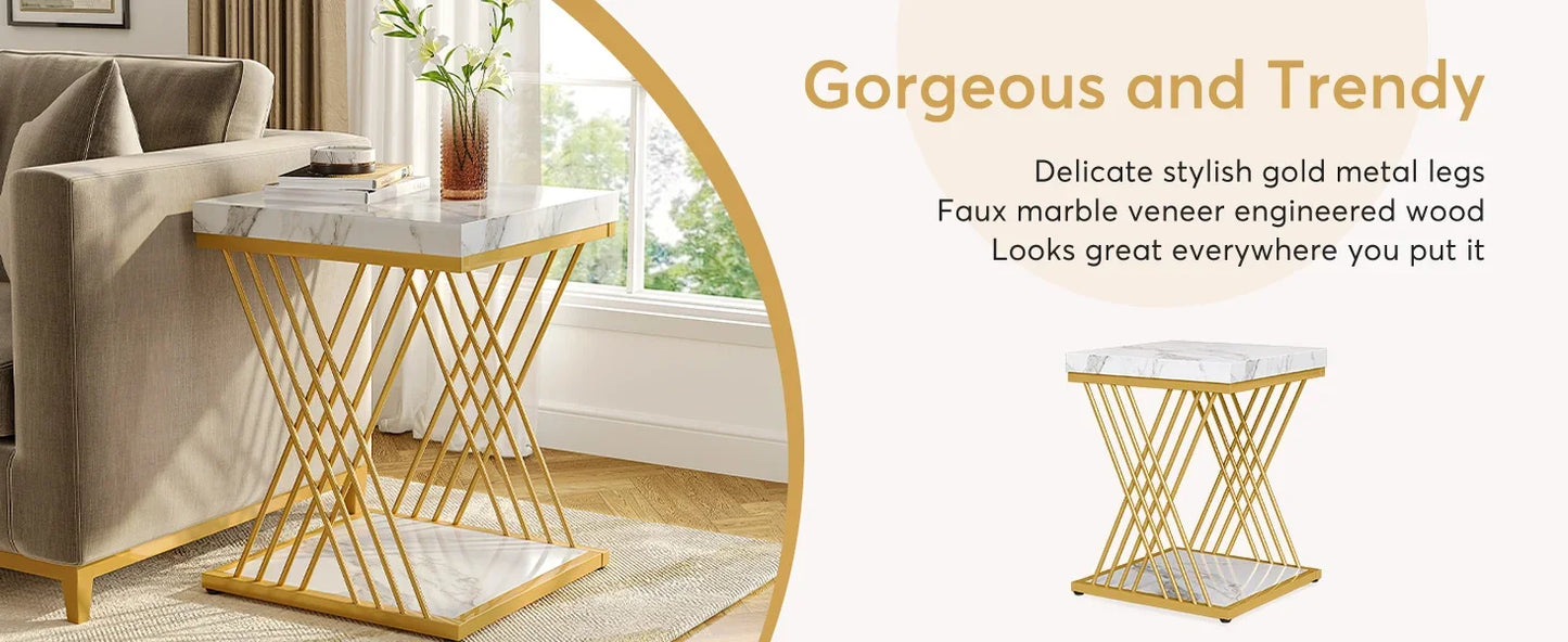 Square Side Table White Gold Side  Set of 2, 2-Tier End Table Modern Bedside Table Small Side