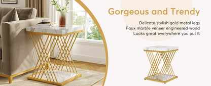 Square Side Table White Gold Side  Set of 2, 2-Tier End Table Modern Bedside Table Small Side
