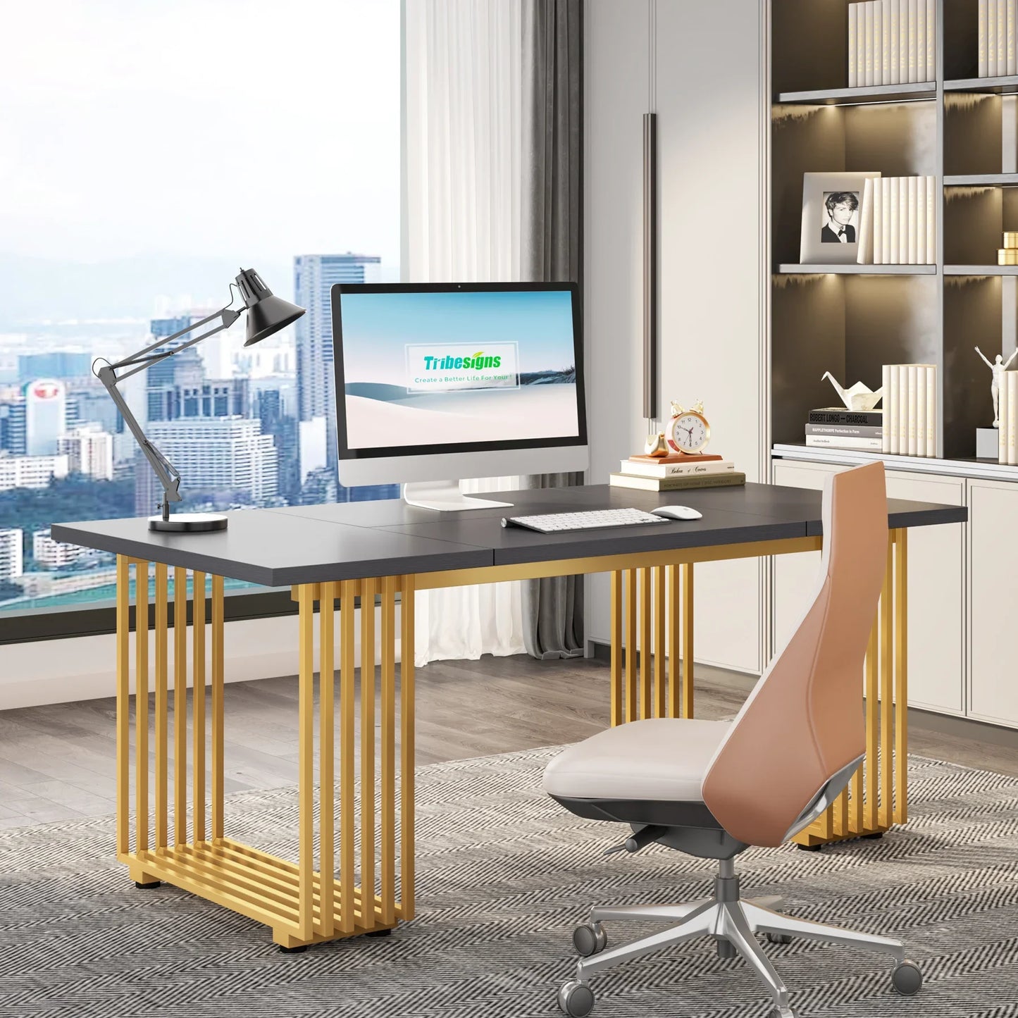 70.9" Modern Executive Desk, Wood Office Desk, Grey Simple Computer Desk with Gold Metal Legs, Large Workstation Busi