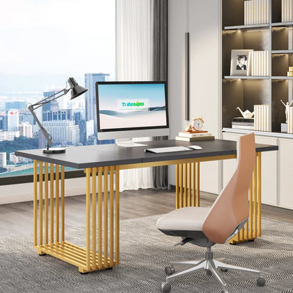70.9" Modern Executive Desk, Wood Office Desk, Grey Simple Computer Desk with Gold Metal Legs, Large Workstation Busi