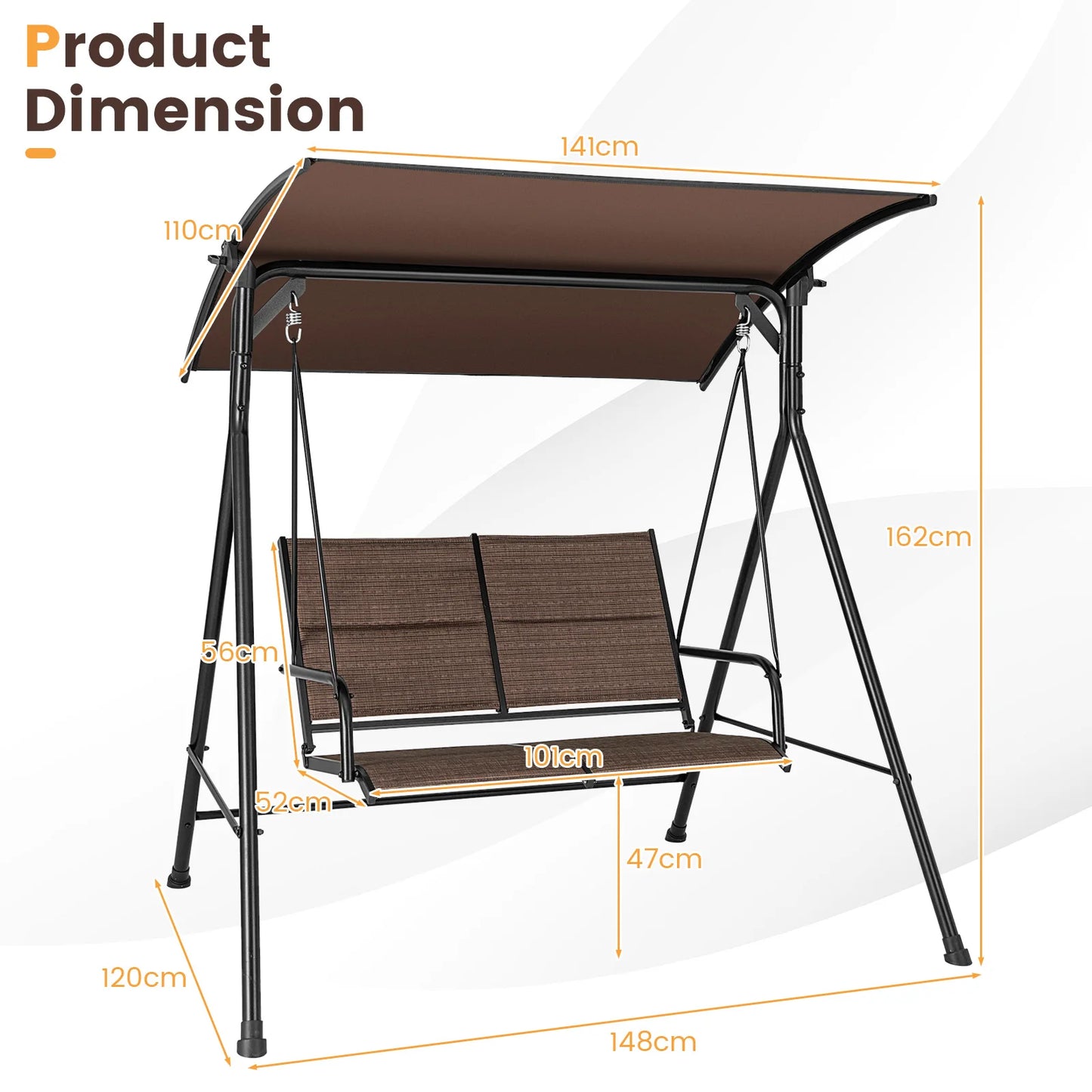 GOFLAME 2 Seat Outdoor Porch Swing, Swing Glider with Spring Hook, Soft Cushions, Foot Pad