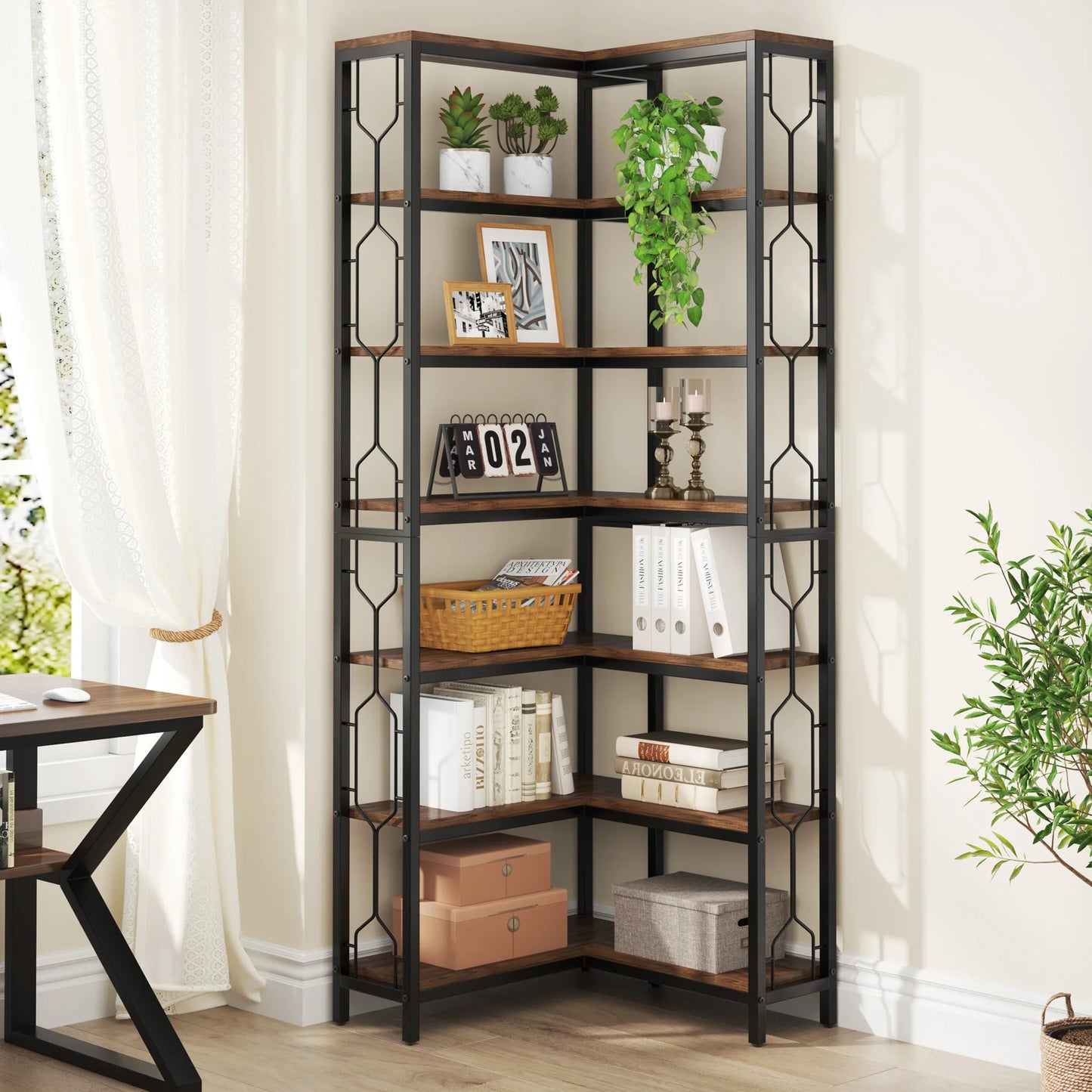 7-Shelf Corner Bookshelf,Large Modern Corner Bookcase, 7-Tier Tall Corner Shelf Storage Display Rack with Metal Frame