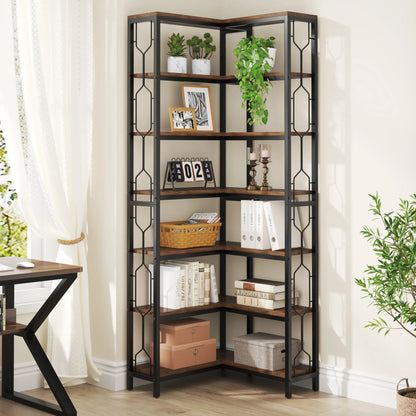 7-Shelf Corner Bookshelf,Large Modern Corner Bookcase, 7-Tier Tall Corner Shelf Storage Display Rack with Metal Frame