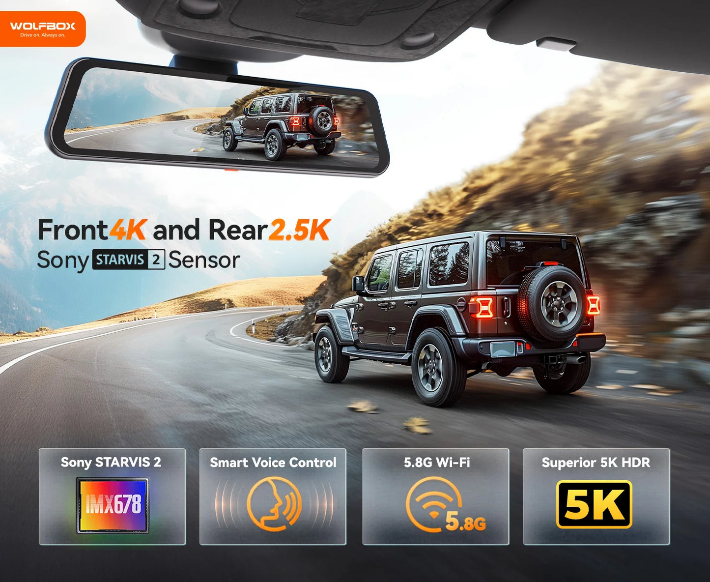 WOLFBOX G900 PRO Dash Cam 4K+2.5K Car DVR  Voice Control 5GHZ WI-FI and GPS Video Recorder  Front and rear camera