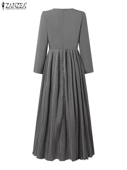 ZANZEA O Neck Plisse Maxi Dress Elegant High Waist Long Sleeve 2024 Fall Pleated Dress Women Commute Fashion A-line Vestidos