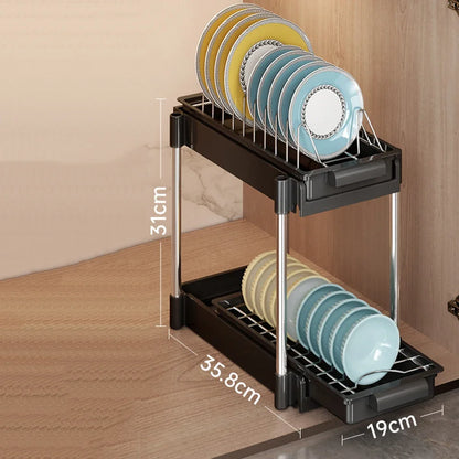 Pull Out Dish Rack Drawer Kitchen Sliding Dish Drainer Organizer Multi-Level Pull Out Storage Sink Cabinet