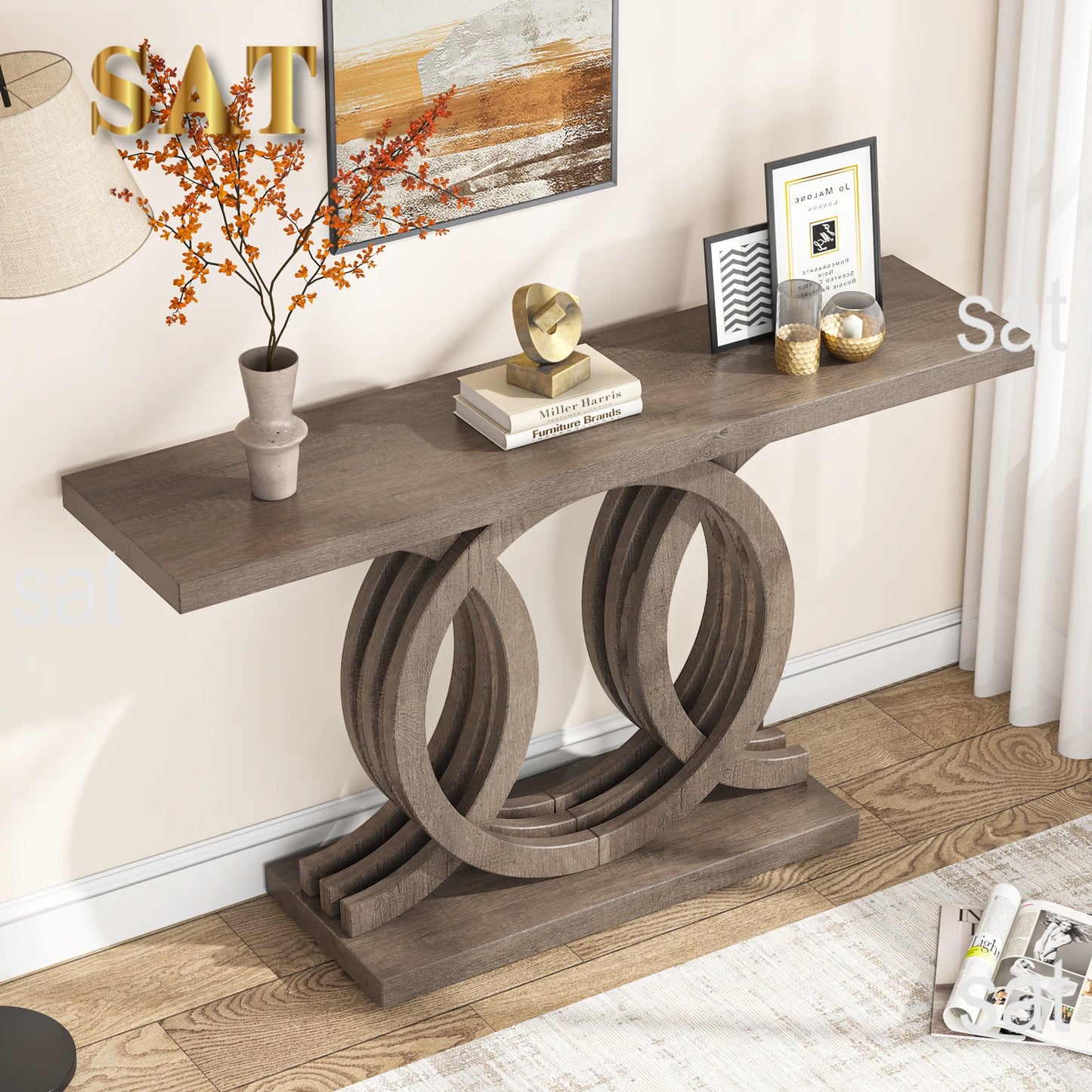 Entrance furniture modern antique rustic brown retro wood farmhouse entry hallway table console 140cm with Geometric Base